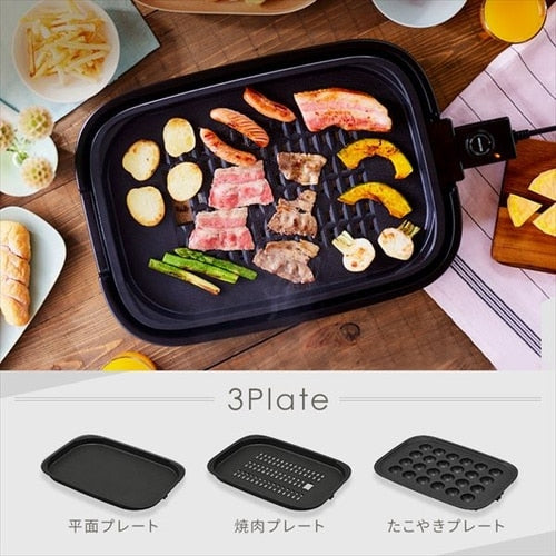 ホットプレート 網焼き風 3枚 IHA-A30-B ブラック (焼肉/平面/たこ焼き 24穴)