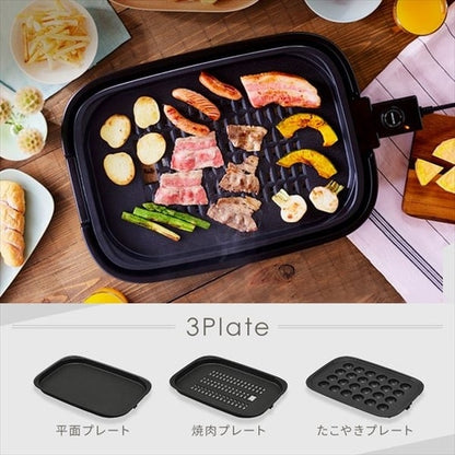 ホットプレート 網焼き風 3枚 IHA-A30-B ブラック (焼肉/平面/たこ焼き 24穴)