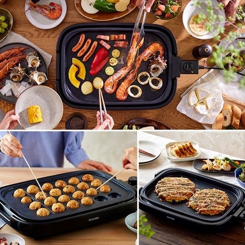 ホットプレート 網焼き風 3枚 IHA-A30-B ブラック (焼肉/平面/たこ焼き 24穴)